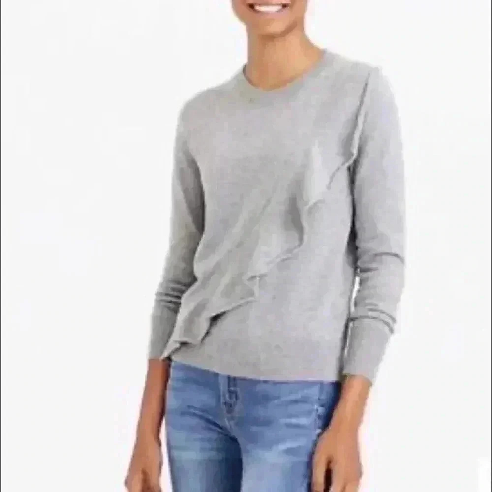 J. Crew | Mercantile - Gray Wool Blend Crewneck Sweater w/Diagonal Ruffle